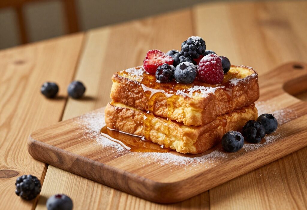 Stack of golden French toast with berries and syrup on a wooden table