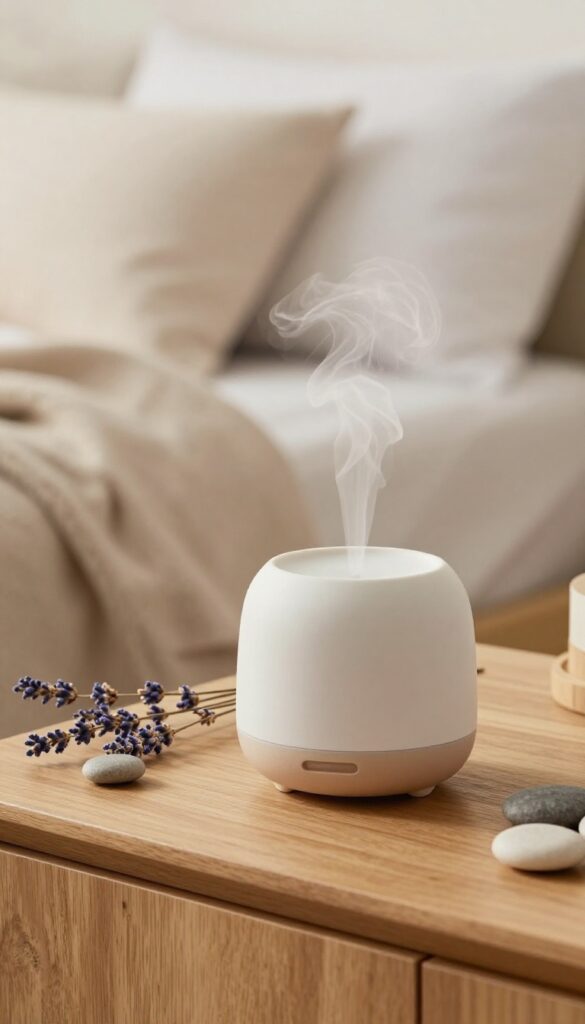Cozy bedroom with essential oil diffuser releasing mist, lavender sprigs, and soft lamp light.