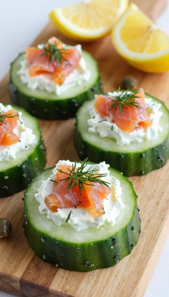 Smoked salmon and cucumber bites arranged on a wooden platter with lemon wedges and capers.