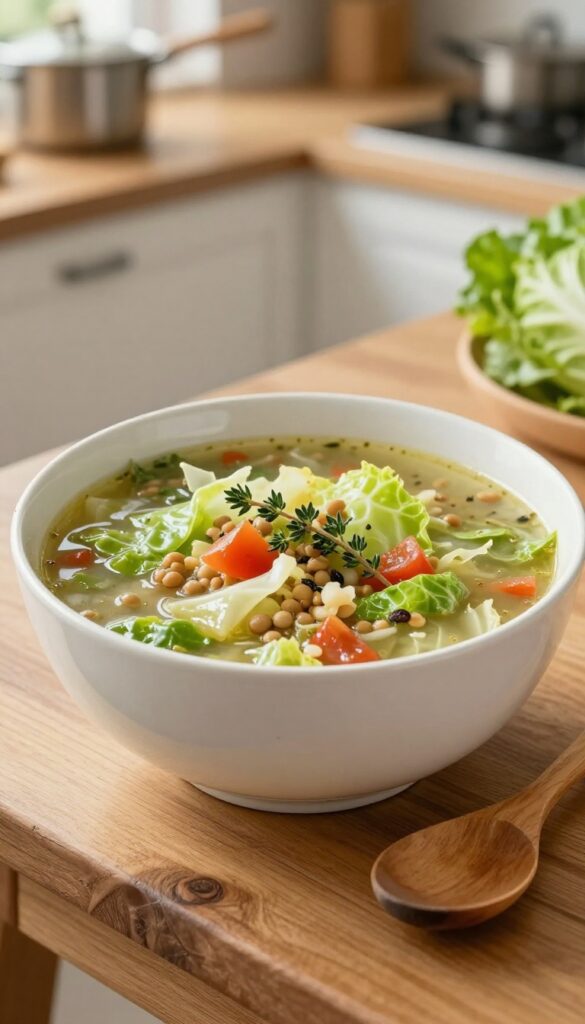 A bowl of vegan cabbage soup with lentils on a wooden table, garnished with thyme, with a spoon beside it.