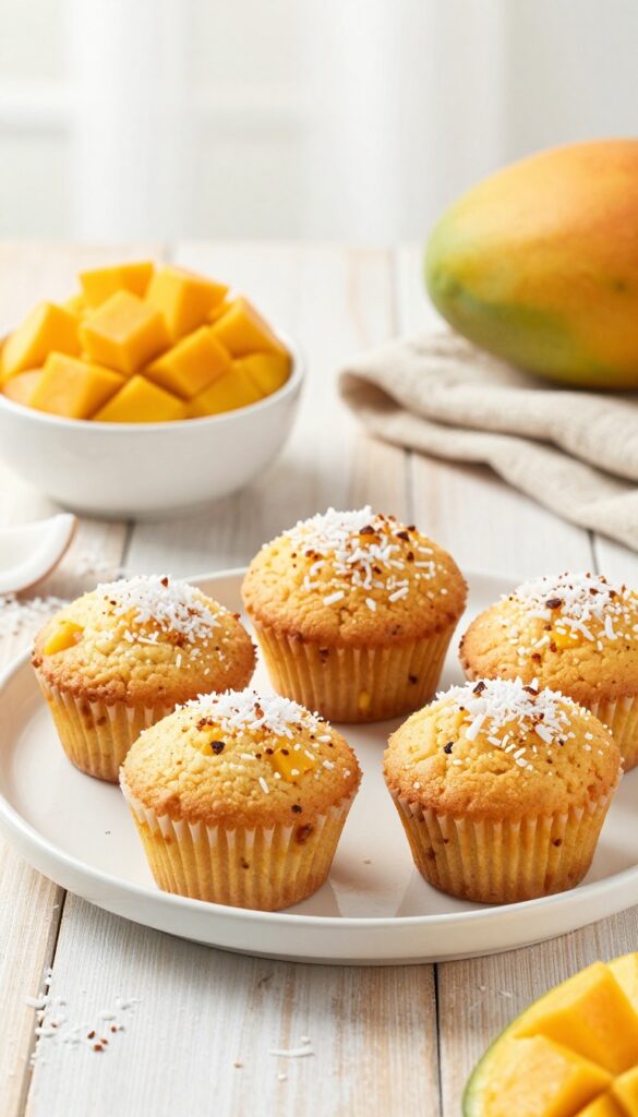 Freshly baked coconut mango muffins on a rustic wooden table with natural light, topped with toasted coconut flakes, next to a bowl of mango chunks and shredded coconut.