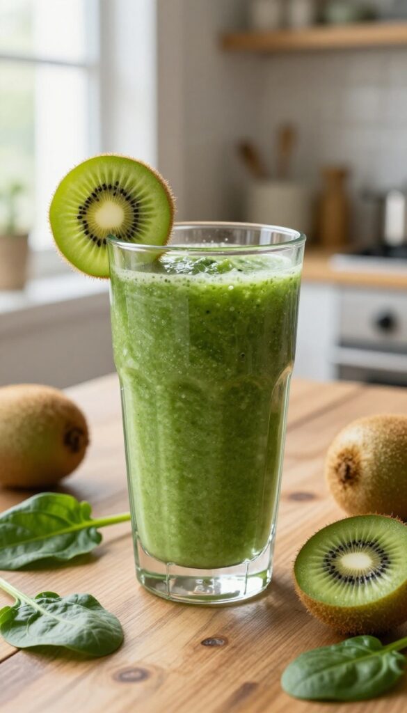 Kiwi and spinach green smoothie in a glass with kiwi garnish and fresh ingredients on a wooden table