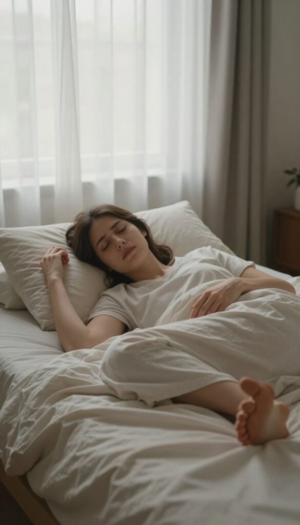 Person practicing progressive muscle relaxation on a bed in a calm, dimly lit bedroom