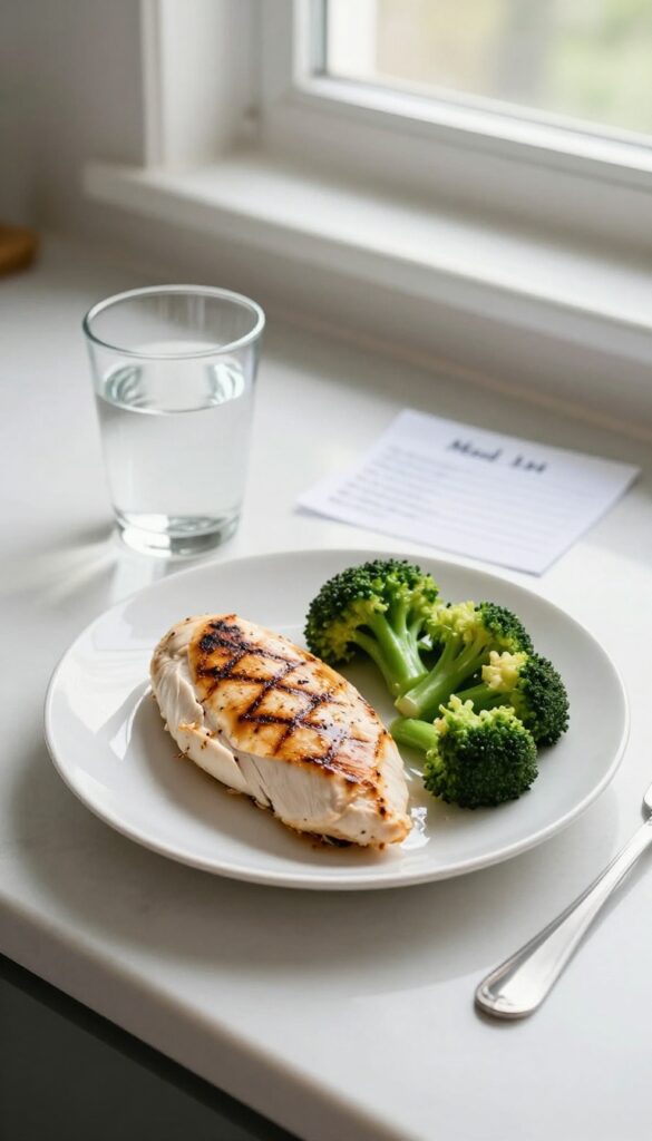 A plate with grilled chicken and broccoli on a kitchen counter with a meal plan note in the background
