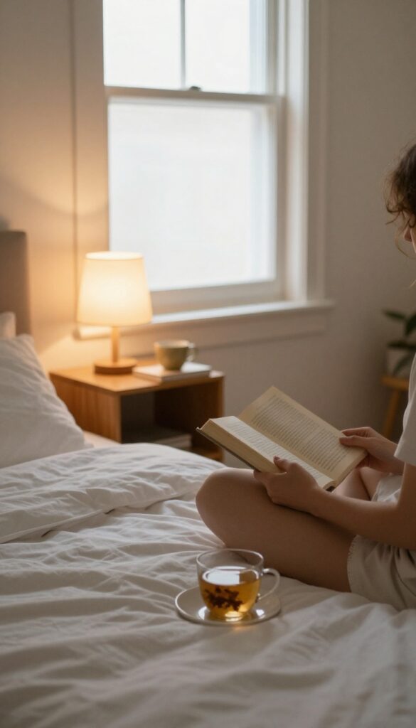 A person reading a book in a cozy bedroom at twilight with a cup of tea, no screens, peaceful atmosphere.