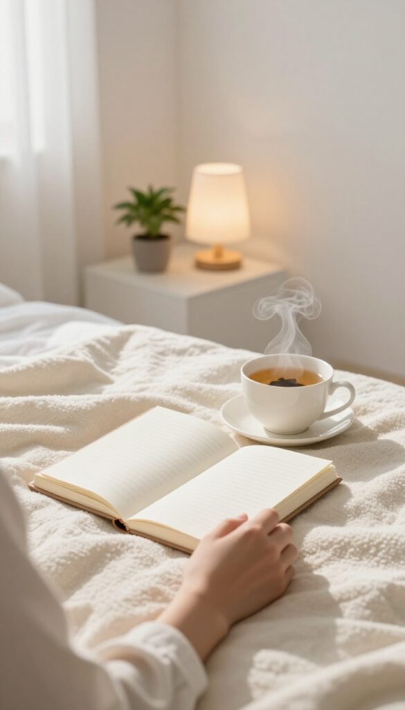A person reflecting in a journal on a Sunday evening in a cozy bedroom