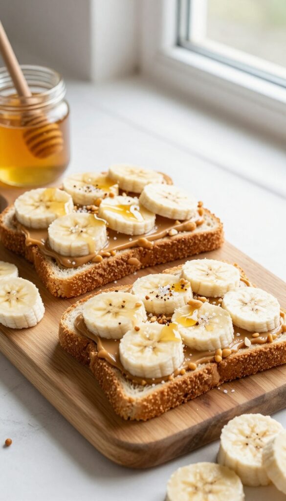 Peanut butter and banana toast on a wooden board with honey drizzle and chopped peanuts