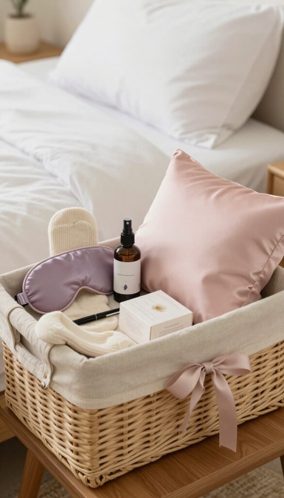 A self care gift basket for sleep sanctuary with weighted eye mask, lavender spray, silk pillowcase, chamomile tea, journal, and sleep socks on a nightstand in a cozy bedroom.