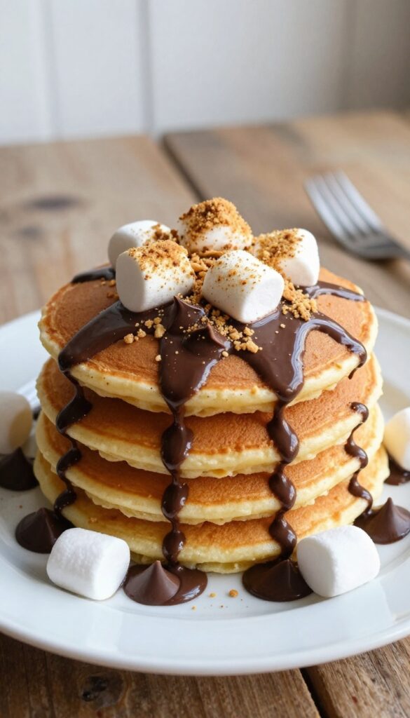 Stack of s'mores pancakes with melted marshmallows and chocolate chips