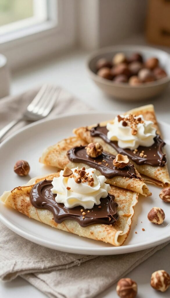 Three chocolate hazelnut crepes topped with whipped cream and toasted hazelnuts on a white plate
