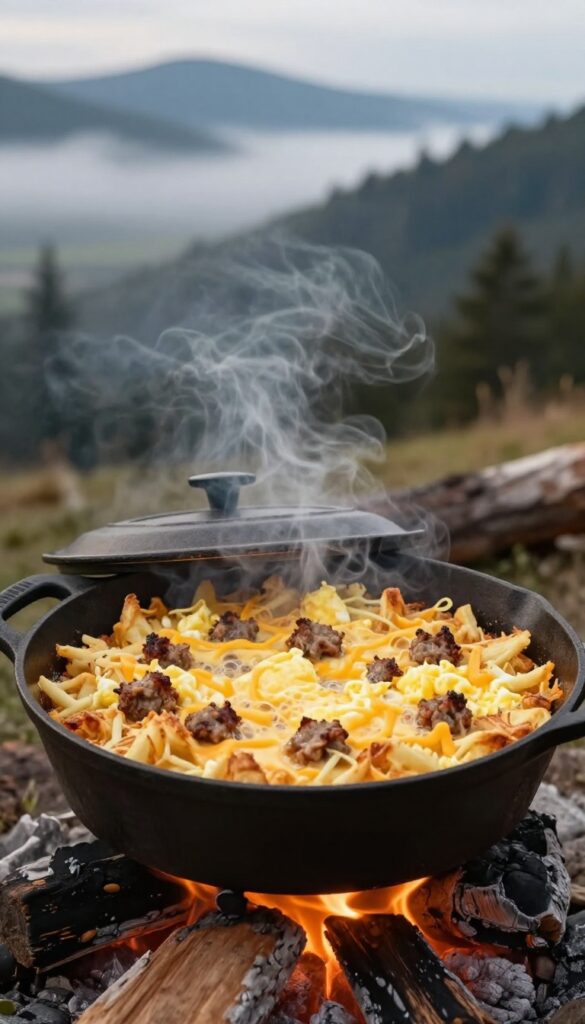 Dutch oven mountain man breakfast cooking over campfire coals