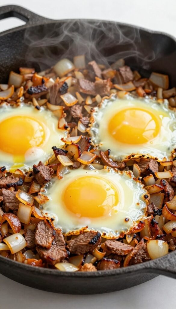 Crispy leftover roast beef hash with eggs in a cast-iron skillet