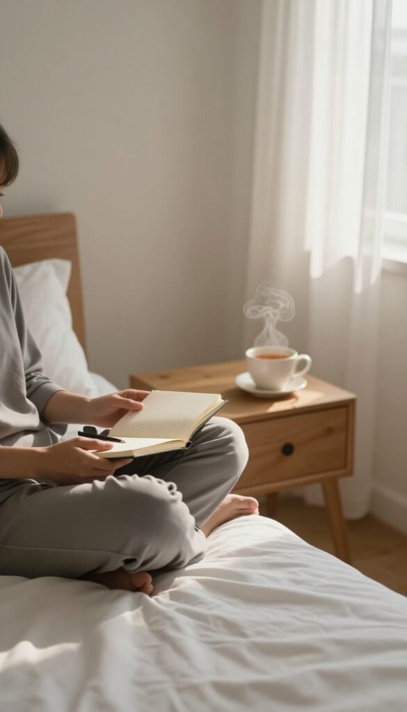Person sitting on bed in morning light, holding a notebook and pen, with tea on nightstand, representing sleep and energy tracking.
