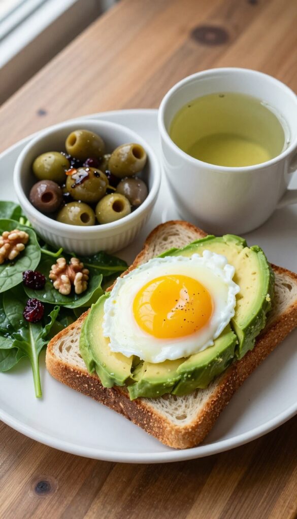 Avocado toast, spinach kale salad, olives, and green tea on a wooden table