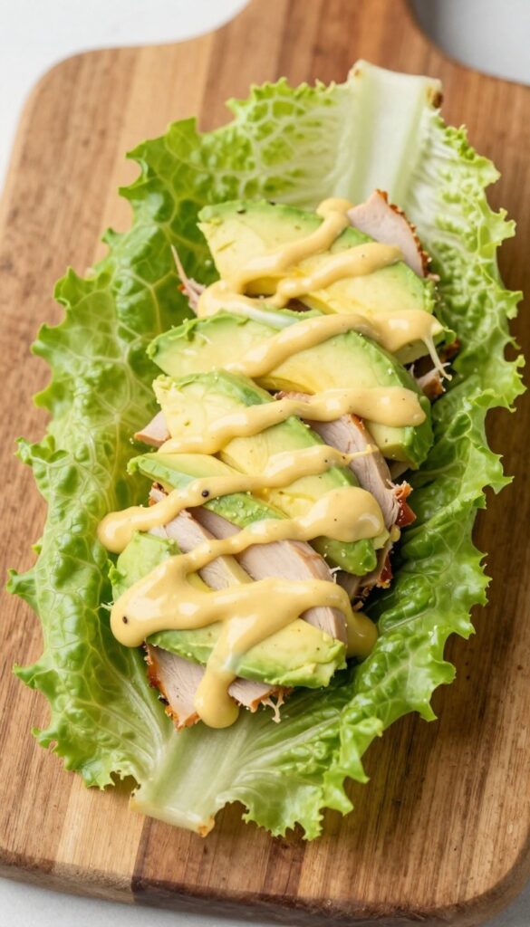 Smoked turkey and avocado lettuce wraps on a wooden board