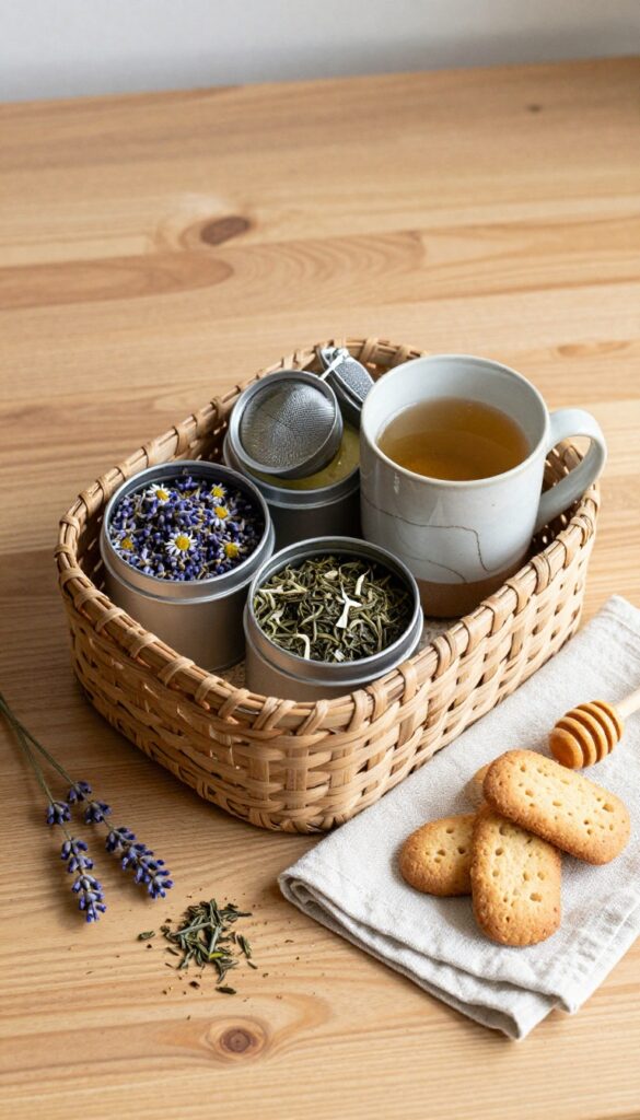 A flat lay of a self care gift basket for tea lovers, featuring tea tins, a ceramic mug, honey, and cookies on a wooden table.