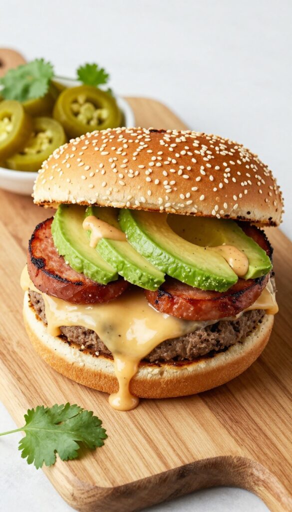 Southwest chorizo and avocado burger with pepper jack cheese and chipotle mayo on a wooden board