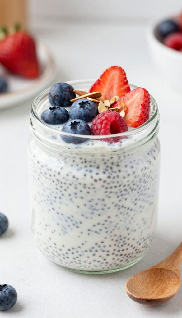Creamy chia pudding with almond milk and fresh berries, topped with slivered almonds, in a glass jar on a kitchen counter.