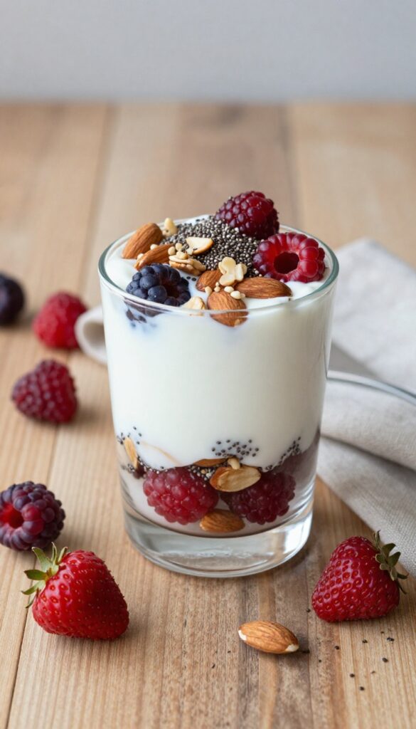 Greek yogurt parfait with berries and nuts in a glass on a wooden table