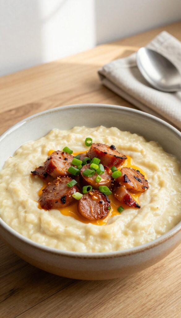 A bowl of creamy cheesy grits topped with browned andouille sausage slices and green onions, on a wooden table in natural morning light.