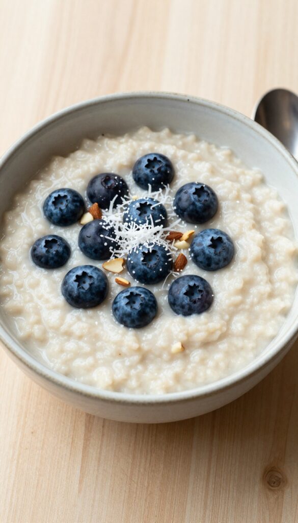 Coconut flour porridge with blueberries and coconut flakes in a bowl on a wooden table