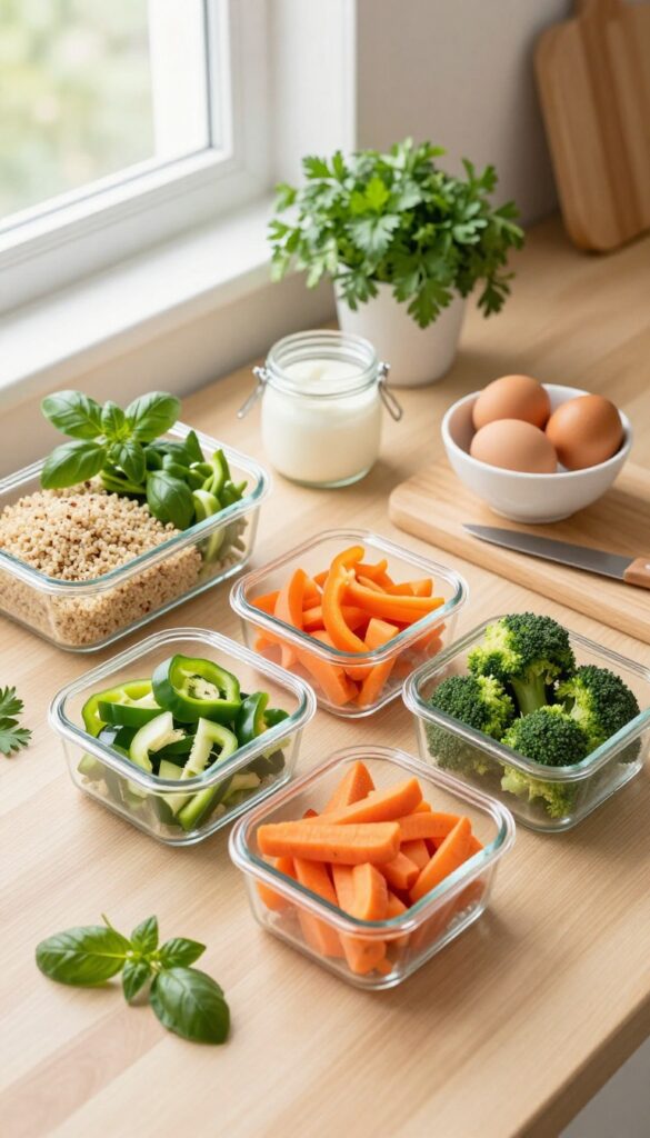 Weekly meal prep setup with chopped vegetables, grains, and snacks in clear containers on a wooden counter.