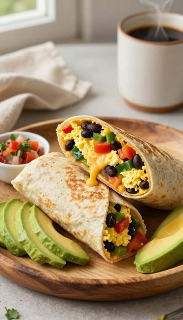 A veggie-packed breakfast burrito cut in half on a wooden plate with salsa and avocado, set on a cozy kitchen table with coffee.