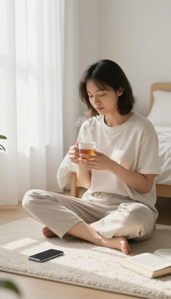 A person doing a digital detox by sitting quietly with tea, phone set aside, in a peaceful bedroom.