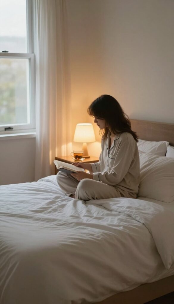 Person reading a book in a cozy bedroom with dim lighting and herbal tea, wind-down ritual for better sleep