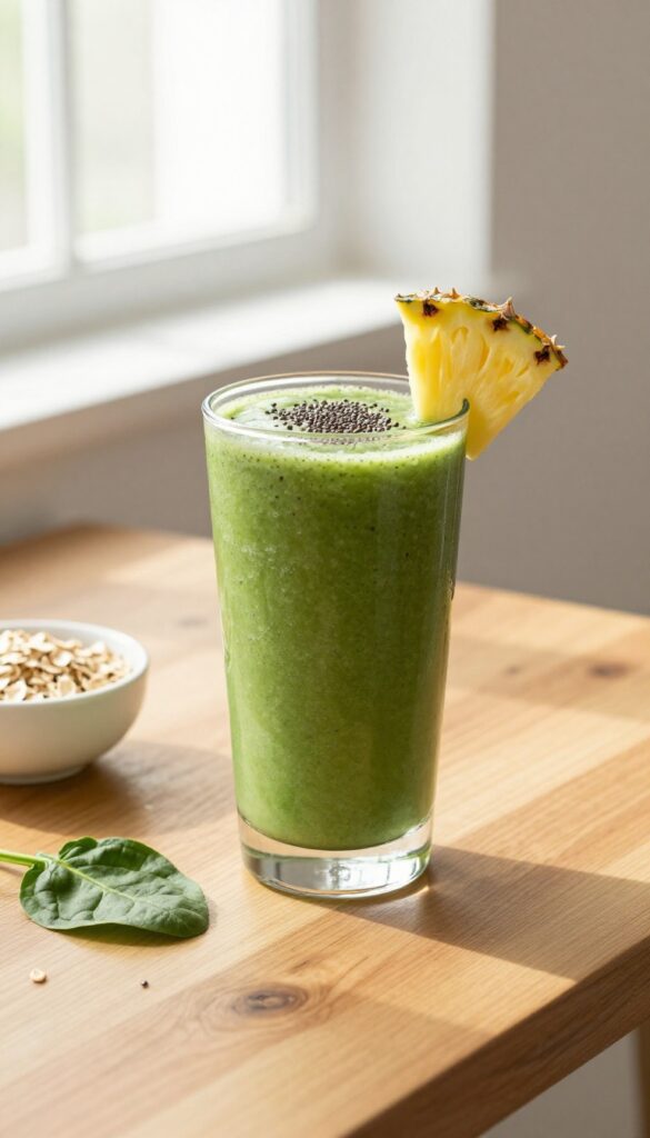 Tropical green oatmeal smoothie in a glass with chia seeds and pineapple garnish on a wooden table