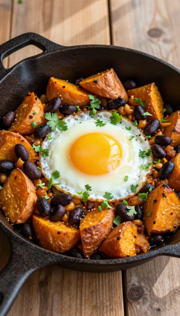 Sweet potato and black bean breakfast hash topped with a fried egg in a cast iron skillet.