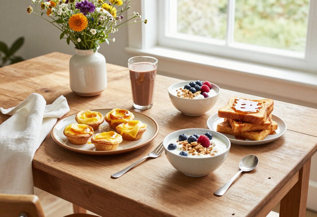 A colorful spread of easy school breakfast ideas on a wooden table, including egg muffins, smoothie, parfait, and French toast sticks.