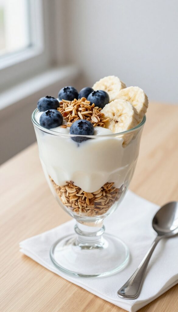 Greek yogurt parfait with granola and fresh berries in a glass cup on a wooden table
