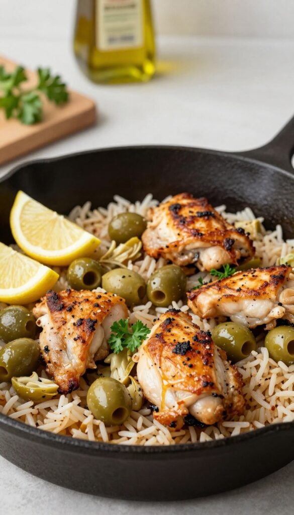 One-pan Mediterranean chicken and rice in a skillet with olives, artichokes, lemon, and parsley.