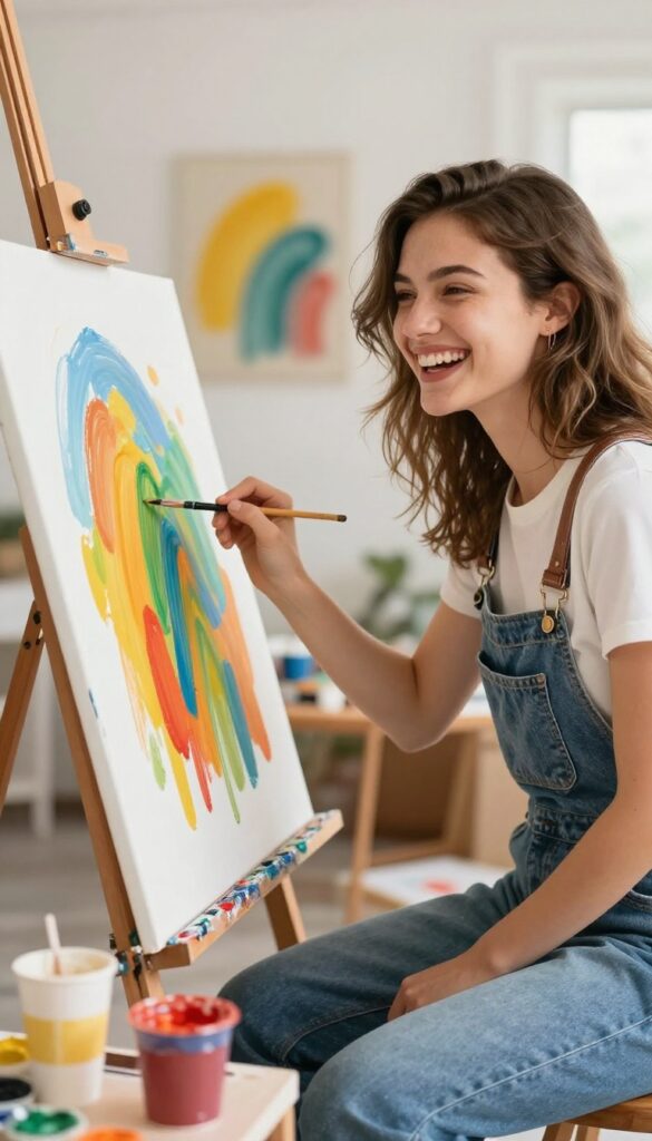 Woman painting for fun in a bright studio, embodying playful self-care