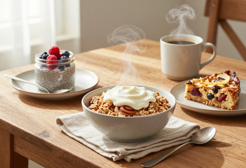 Cozy overnight breakfast spread with baked oatmeal, strata, chia pudding, and coffee on a rustic wooden table.