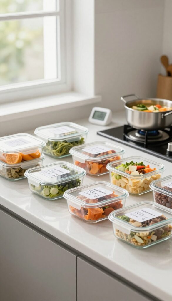 Shallow glass containers of high-protein meals on a kitchen counter with labels and a food thermometer