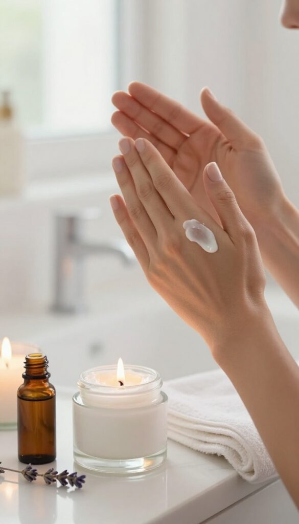 Woman applying night cream in a dimly lit bathroom with candles and skincare products.
