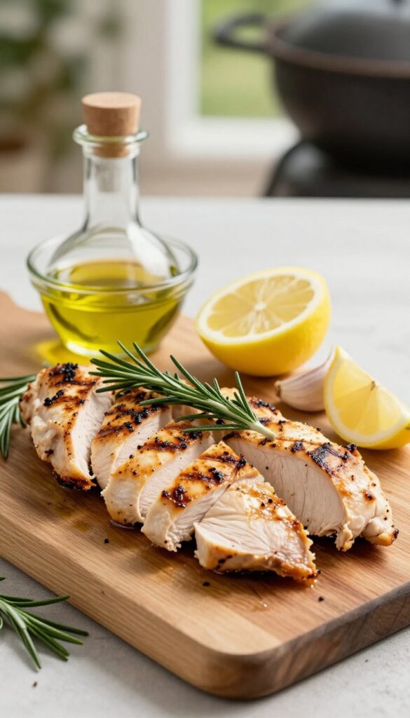 Sliced lemon-herb grilled chicken on a wooden board with rosemary and lemon wedges, olive oil and garlic nearby.