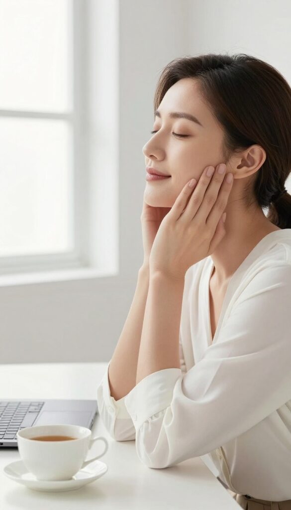 Woman rolling her neck at a desk to release tension