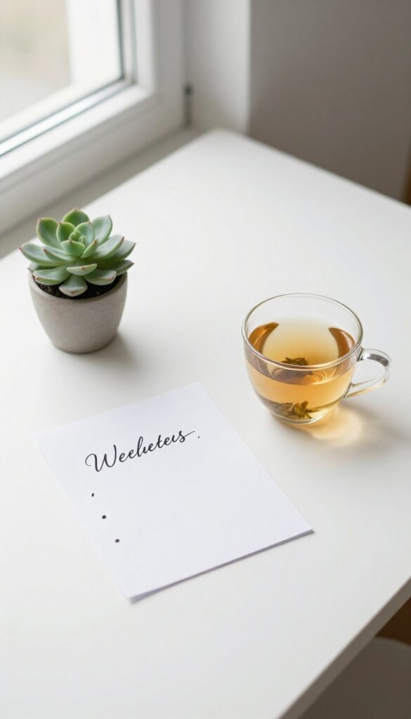 Minimalist desk setup with a handwritten intentions note, succulent, and tea in natural light.