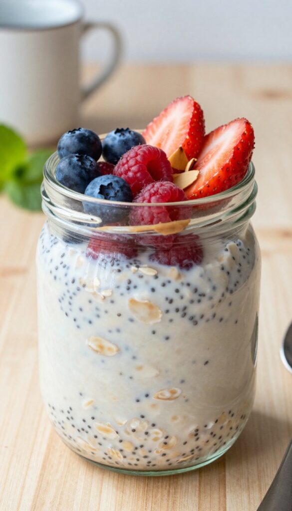 Overnight oats with chia, almond milk, and berries in a glass jar, topped with almond butter and fresh berries on a wooden table.