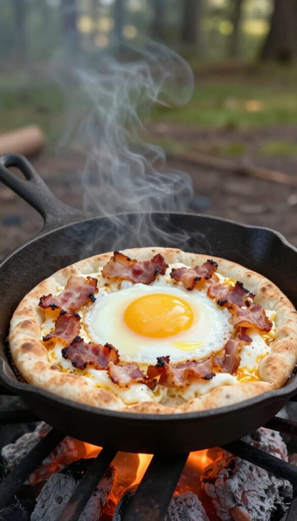 Campfire breakfast pizza in a cast iron skillet with cheese, bacon, and a runny egg.
