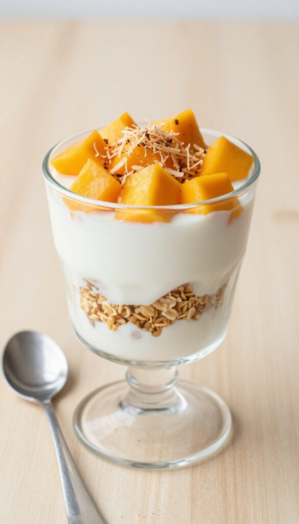 Coconut yogurt parfait with granola and mango in a clear glass on a wooden table