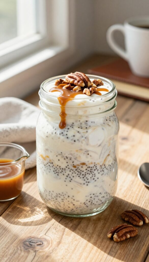 Overnight oats in a mason jar with bourbon-caramel drizzle and pecans on a rustic table with morning light