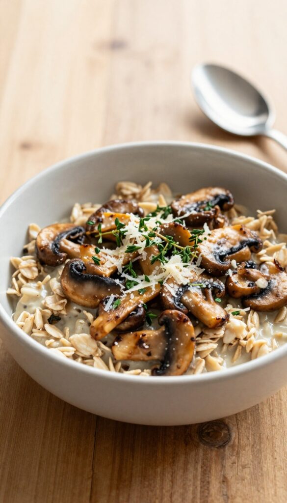 Savory steel-cut oats with mushrooms and thyme in a bowl