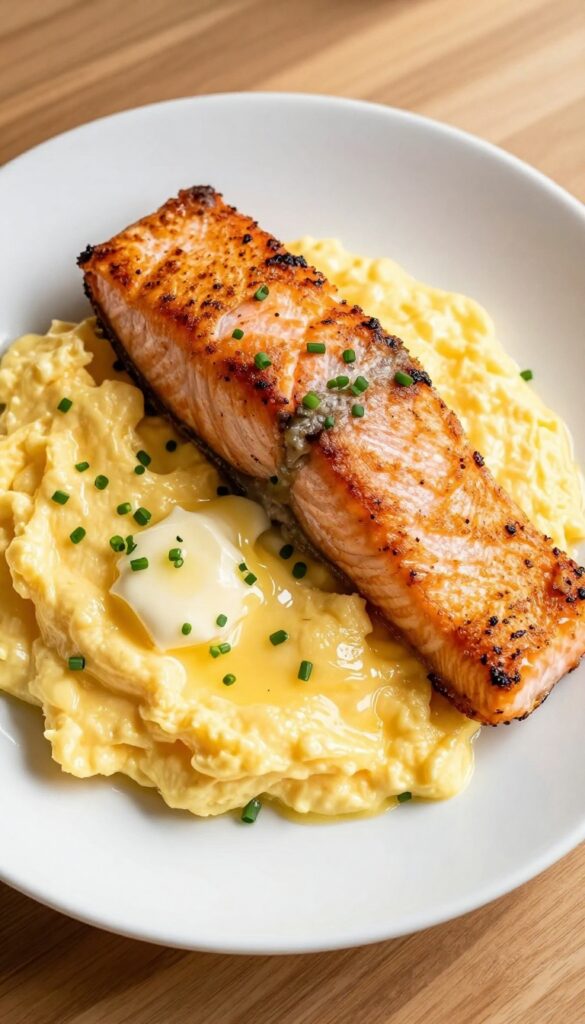 Crispy salmon collar and creamy scrambled eggs on a plate