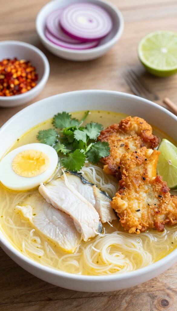 Bowl of Burmese Mohinga fish noodle soup with garnishes