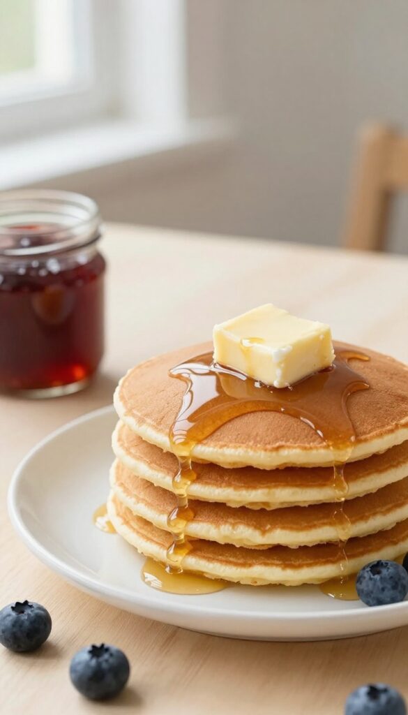 Fluffy microwave pancake in a mug topped with butter and maple syrup on a dorm desk