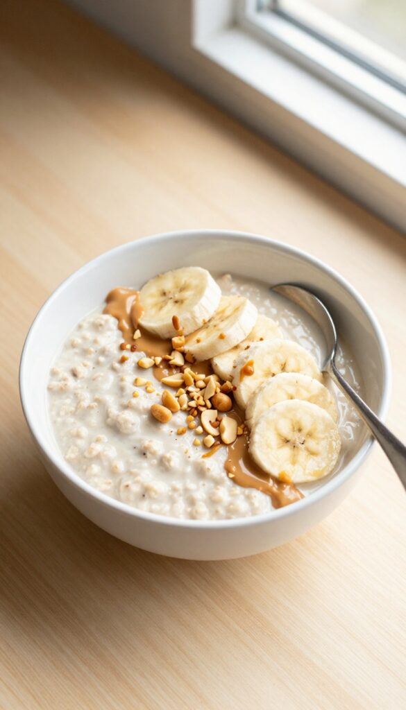 A bowl of peanut butter banana overnight oats with banana slices, peanut butter drizzle, and chopped peanuts on a wooden table.